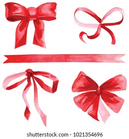 Watercolor Illustrated Red Ink Ribbon With Bows Set Vector