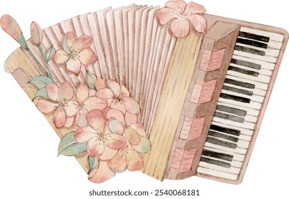Watercolor illustration of accordion and flowers
