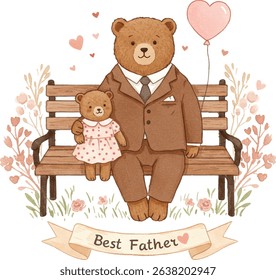Watercolor Illustration Adorable Bear Father with Daughter on Bench, Happy Father's Day Illustration