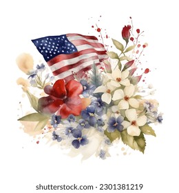 A Watercolor Illustration Of The American Flag With Flowers