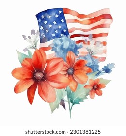 A Watercolor Illustration Of The American Flag With Flowers