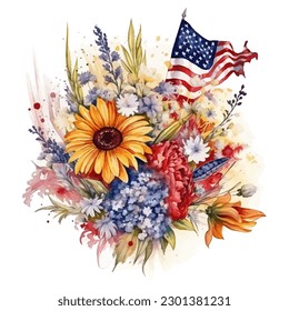 A Watercolor Illustration Of The American Flag With Flowers