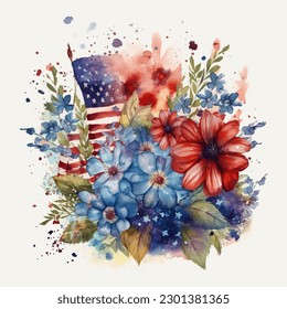 A Watercolor Illustration Of The American Flag With Flowers