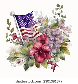 A Watercolor Illustration Of The American Flag With Flowers