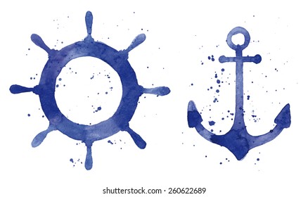 Watercolor illustration of an anchor and a steering wheel