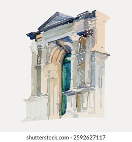 Watercolor illustration of an ancient Roman arch. Detailed arch design with classical Roman architecture. Historic Roman arch in watercolor style. Vintage art illustration, vector.