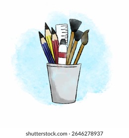 Illustration à l'aquarelle de fournitures d'art dans un contenant sur fond bleu