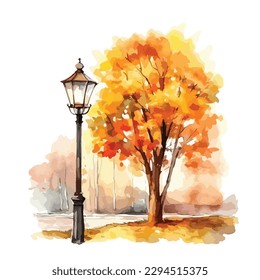 Aquarelle-Illustration von Herbstblättermapelbaum und Steglampe