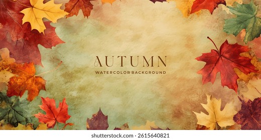 watercolor illustration of autumn leaves in a border design. Autumn watercolor leaves background design.