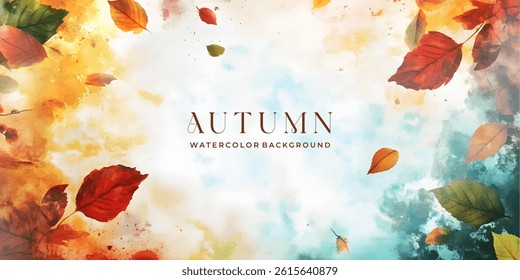 watercolor illustration of autumn leaves in a border design. Autumn watercolor leaves background design.