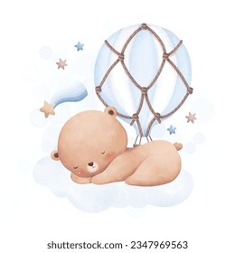 Watercolor illustration baby bear sleeps on cloud with blue hot air balloon and stars