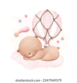 Watercolor illustration baby bear sleeps on cloud with pink hot air balloon and stars