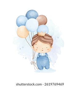 Watercolor Illustration Baby Boy Holds Balloons