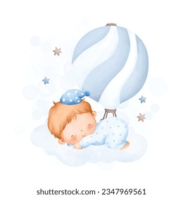 Watercolor illustration baby boy sleeps on cloud with blue hot air balloon and stars