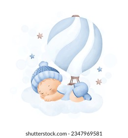 Watercolor illustration baby boy sleeps on cloud with blue hot air balloon and stars