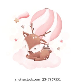 Watercolor illustration baby deer sleeps on cloud with pink hot air balloon and stars