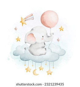 Watercolor illustration baby elephant and balloon sits on cloud with stars