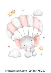 Watercolor Illustration Baby Elephant Flying with Parachute