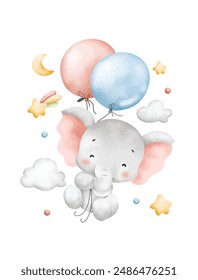 Watercolor Illustration Baby Elephant Flying with Balloons