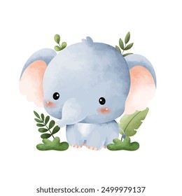 Watercolor Illustration Baby Elephant and Tropical Leaves
