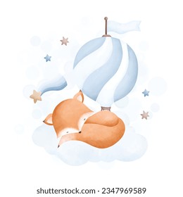 Watercolor illustration baby fox sleeps on cloud with blue hot air balloon and stars