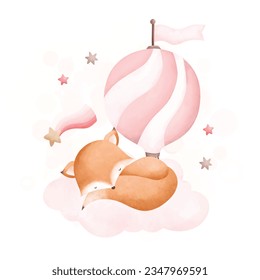 Watercolor illustration baby fox sleeps on cloud with pink hot air balloon and stars