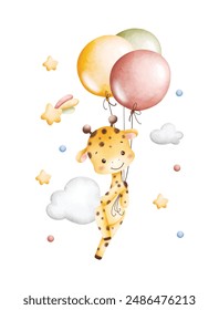 Watercolor Illustration Baby Giraffe Flying with Balloon
