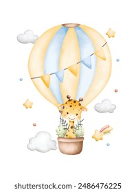 Watercolor Illustration Baby Giraffe Flying with Hot Air Balloon