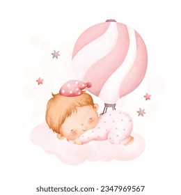 Watercolor illustration baby girl sleeps on cloud with pink hot air balloon and stars