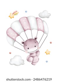 Watercolor Illustration Baby Hippo Flying with Hot Air Balloon