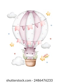 Watercolor Illustration Baby Hippo Flying with Hot Air Balloon