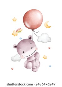 Watercolor Illustration Baby Hippo Flying with Red Balloon