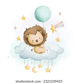 Watercolor illustration baby lion and balloon sits on cloud with stars