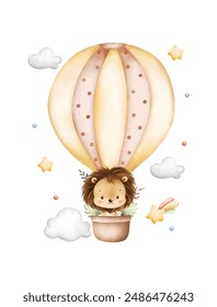 Watercolor Illustration Baby Lion Flying with Hot Air Balloon