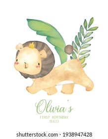 Watercolor Illustration Baby Lion Prince Safari Birthday Party Invitation