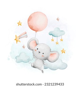 Watercolor illustration baby mouse and balloon sits on cloud with stars