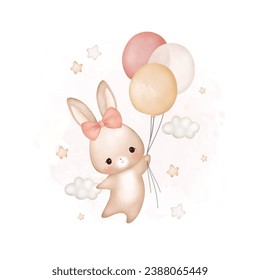 Watercolor Illustration Baby Rabbit flying with balloons with stars and butterflies