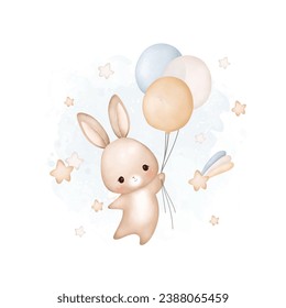 Watercolor Ilustración Baby Rabbit volando con globos con estrellas