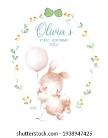 Watercolor Illustration Baby rabbit Prince Safari Birthday Party Invitation