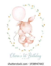 Watercolor Illustration Baby rabbit Prince Safari Birthday Party Invitation