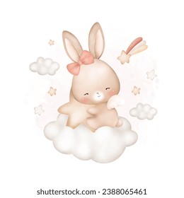 Watercolor Illustration Baby Rabbit sitting on cloud with stars