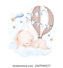 Watercolor illustration baby rabbit sleeps on cloud with blue hot air balloon and stars