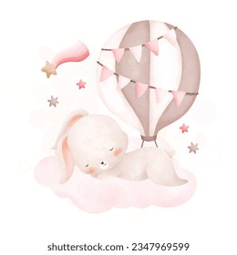 Watercolor illustration baby rabbit sleeps on cloud with pink hot air balloon and stars