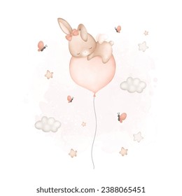 Watercolor Illustration Baby Rabbit sleeps on balloon with stars and butterflies