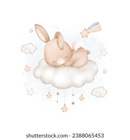 Watercolor Illustration Baby Rabbit sleeps on cloud with stars