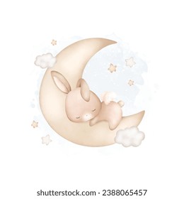 Acuarela Ilustración Baby Rabbit duerme en la luna con estrellas