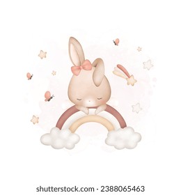 Watercolor Illustration Baby Rabbit sleeps on rainbow with stars and butterflies