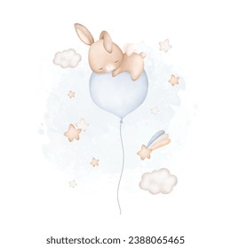 Watercolor Illustration Baby Rabbit sleeps on balloon with stars