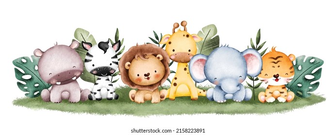Watercolor Illustration Baby Safari Animal banner background