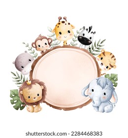 Watercolor Illustration Baby Safari Animal Frame template